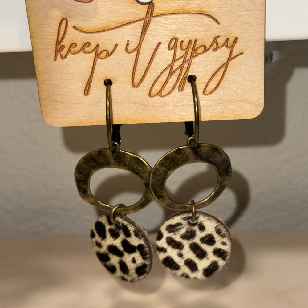 Gold and Brown Dangle Earrings with Animal Print